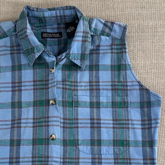 Vintage 90s Outdoorsy button up sleeveless cotton plaid shirt Western Cowgirl M - Picture 3 of 6